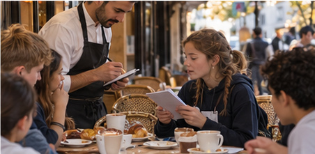 Students practising French in a café