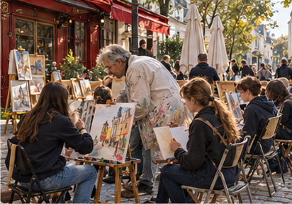 Students painting at their easels in Montmartre